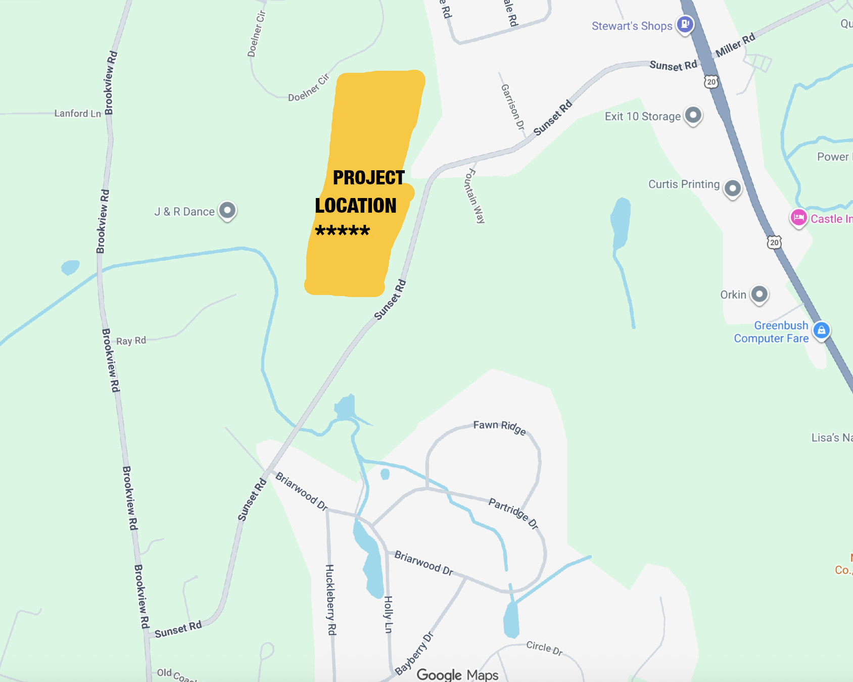 Neighborhood map showing the project location fronting Sunset Road, ringed by the Fawn Ridge and Briarwood developments and the Brookview Road homes