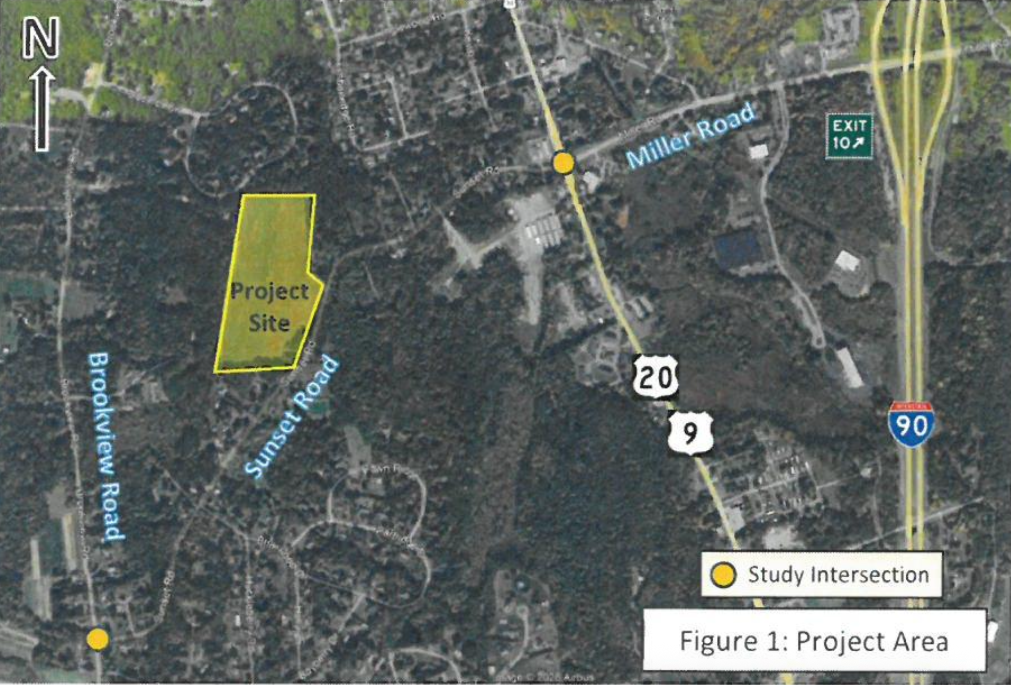 Aerial map showing the project site off Sunset Road, west of Routes 9 and 20 and I-90 Exit 10 in Schodack