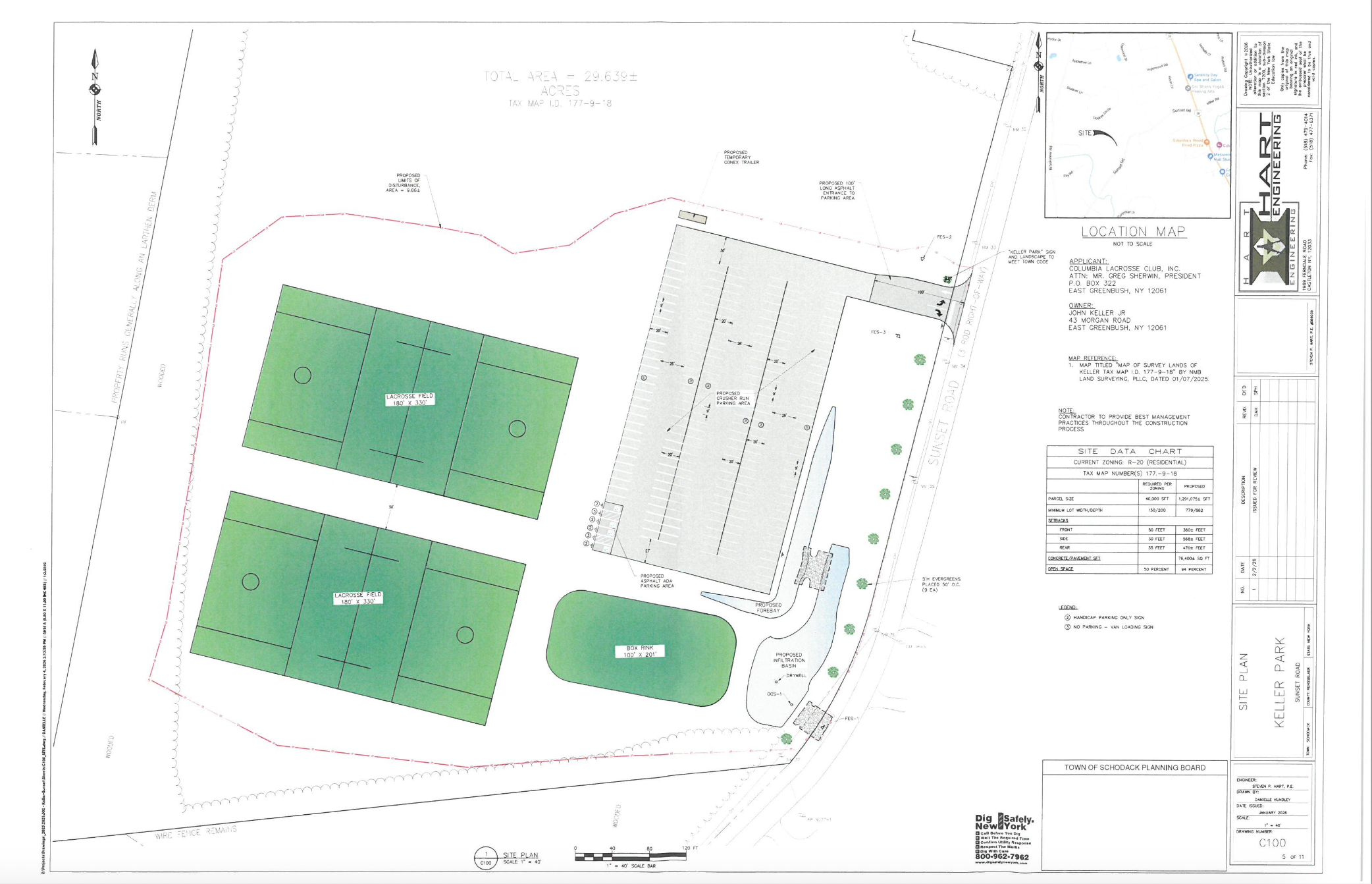 Proposed Keller Park site plan: two lacrosse fields, an artificial-turf box rink, and a large parking lot along Sunset Road